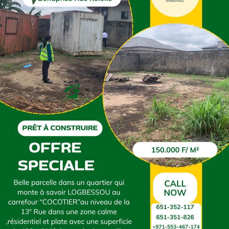 🏡 OFFRE SPÉCIALE – PRÊT À CONSTRUIRELOGBESSOU – Carrefour Cocotier (13ᵉ Rue)